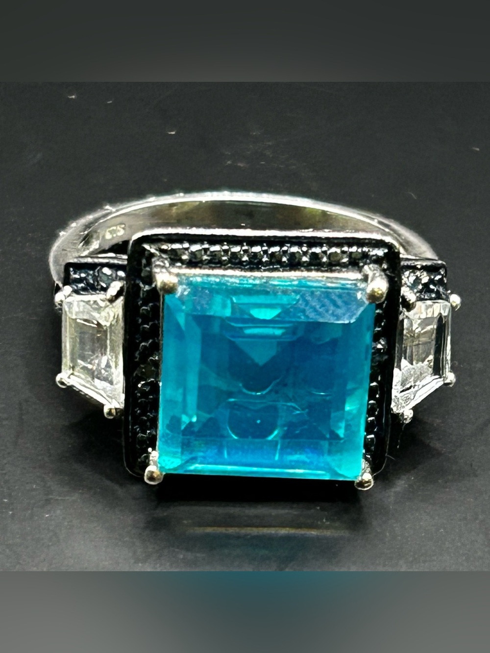 Sterling Silver Blue Square Topaz Crystal Ring with Side Stones